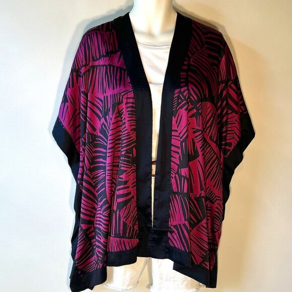 Kimono OSFA Navy & Hot Pink Tropical Abstract Maximalism Cover Up Resort Silky - Picture 1 of 6